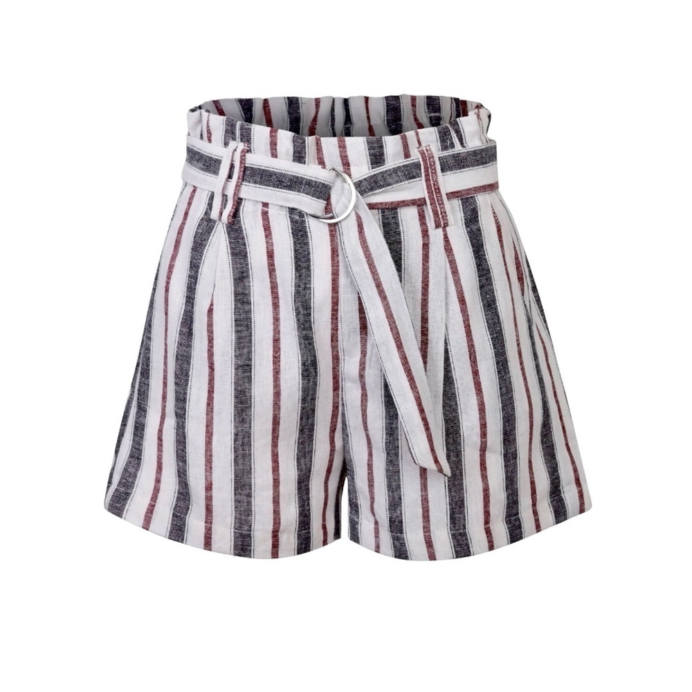 FRAME Belted Blue Red and White Striped Linen Shorts